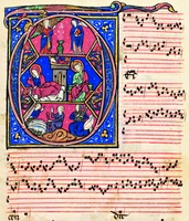 Пример 1. Органум «Descendit de caelis» (начало) в сборнике кон. XIII — нач. XIV в. (Laurent. Plut. 29.1. Fol. 14–15v)