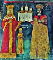 Господарь Валахии Нягос Басараб с сыном Феодосием и господарем Валахии Мирчей Чобану. Роспись собора мон-ря Снагов, Румыния. 1559–1568 гг. Фото: Fusion-of-horisons from Flickr