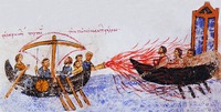 "Греческий огонь". Миниатюра из Хроники Иоанна Скилицы. XII в. (Matrit. gr. 26 - 2)