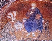 Иисус Христос на престоле с коленопреклоненным Федором Метохитом. Мозаика мон-ря Хора (Кахрие-джами) в Константинополе. 1316 - 1321 гг.