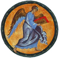 Ангел — символ евангелиста Матфея. Миниатюра из Евангелия Хитрово. Нач. XV в. (Л. 44)
