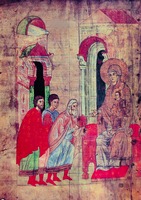Поклонение волхвов. Миниатюра из Сийского Евангелия. 1340 г. (ГРМ. Др. гр. 8. Л. 1)