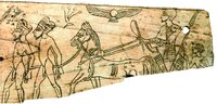 Воин-колесничий с пленными. Костяная обкладка ножа из Мегиддо. 1-я пол. II в. до Р. Х. (Музей Рокфеллера, Иерусалим)