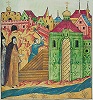 Прп. Сергий благословляет строительство ц. в честь Зачатия Пресв. Богородицы Высоцкого мон-ря. Миниатюра из Лицевого жития прп. Сергия Радонежского. XVI в. (РГБ. Ф. 304/III. № 21. Л. 254)