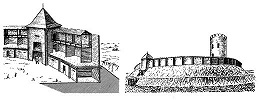 Древнерусские оборонительные сооружения (по П. А. Раппорту): а) Деревянная стена и воротная башня XII-XIII вв.; б) Крепость XIII в. (Чарторыйск)