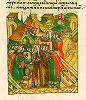 Свт. Евфимий II на переговорах новгородцев с вел. кн. Василием II. Миниатюра из Лицевого летописного свода 70-е гг. XVI в. (РНБ. F.IV.225. Л. 871)