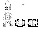 Церковь-усыпальница Аствацацин. 1301 г. Разрез, планы 1-го и 2-го этажей