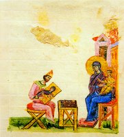 Ап. Лука пишет образ Пресв. Богородицы. Миниатюра из Гомилий Григория Назианзина. 1060-1081 гг. (Hieros. Patr. 14. Fol. 314)