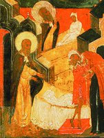 Воскрешение сына сарептской вдовы. Клеймо иконы «Прор. Илия, с житием». 1664 г. (ГМЗРК)