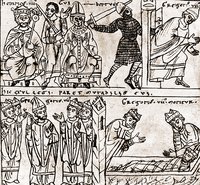 Имп. Генрих IV и антипапа Климента III изгоняют папу Григория VII из Рима. Смерть папы Григория VII. Миниатюра из «Хроники» Оттона Фрайзингенского. 1157 г. (Codex. Jenesis Bose g. 6. Fol. 54)