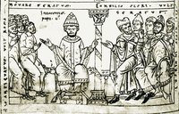 Иннокентий II, папа Римский, выступает против Римского сената. Миниатюра из «Хроники» Оттона Фрайзингенского. 1157 г. (Codex. Jenesis Bose q.6. Fol. 91v)