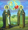 Преподобные Никандр Псковский и Иоаким Опочский. Икона. 1-я четв. ХХ в. (ц. Благовещения Пресв. Богородицы в дер. Опоки Порховского р-на Псковской обл.)