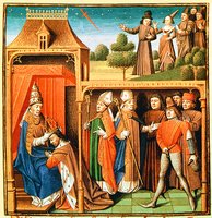Коронация Иоанном VIII, папой Римским, Карла Лысого в 875 г. (Le Miroir historial de Vincent de Beauvais — Chantilly. Museи Condй. 722. Fol. 120r, XV в.)