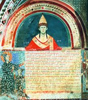 Иннокентий III, папа Римский, держит дарственную от св. Бенедикта. Роспись церкви мон-ря Санто-Спеко, Субиако, Италия. 1228 г.