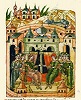 Заключение мира между вел. кн. Иоанном Иоанновичем и суздальским кн. Константином Васильевичем. Миниатюра из Лицевого летописного свода. 1-й Остермановский том. 70-е гг. XVI в. (БАН. 31.7.30–1. Л. 484)