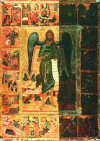 Св. Иоанн Предтеча Ангел пустыни, с житием. Икона. XVI в. (НГХМ)