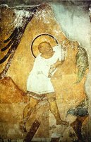 Ангел ведет младенца Иоанна в пустыню. Роспись жертвенника Успенского собора во Владимире. 1408 г.