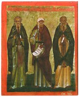 Преподобные Иоанн Лествичник, Иоанн Дамаскин и Арсений Великий. Икона. 2-я пол. XVI в. (ГВСМЗ)