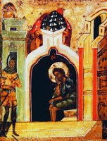 Св. Иоанн Предтеча в темнице. Клеймо иконы «Св. Иоанн Предтеча — Ангел пустыни, с житием в 20 клеймах» Ок. 1551 г. (ЯИАМЗ)