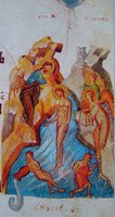 Крещение Господне. Миниатюра из Киевской Псалтири. 1379 г. (РНБ. F. 6. Л. 36 об.)