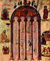 Таблица канонов с изображением царя Ирода Великого на троне (внизу слева). Миниатюра из Евангелия Раввулы. 586 г. (Laurent. Plut. I. 56. Fol. 4v)