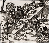 Гэльский вождь из рода Мак-Суини в окружении католич. духовенства. Гравюра из кн.: Derricke J. The Image of Irelande. L., 1581