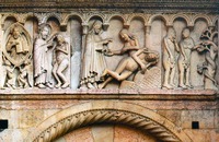 Сотворение Адама и Евы. Грехопадение. Рельеф зап. фасада собора Сан-Джиминьяно в Модене. Между 1099 и 1106 гг. Мастер Вилиджельмо