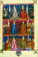 Короли анжуйской династии и их свита. Миниатюра из Библии Николая из Алифе. 1340 г. (Lovain. Bibl. univ. 1. Fol. 1v)