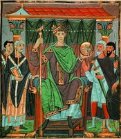 Имп. Оттон III на троне в окружении свиты. Миниатюра из Евангелия Оттона III. Ок. 1000 г. (Monac. Clm. 4453. Fol. 237)