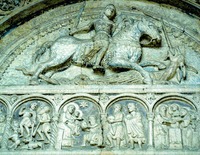Чудо вмч. Георгия о змие. Рельеф тимпана центрального портала собора Сан-Джорджо в Ферраре. Ок. 1135 г. Мастер Никколо