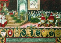 Папа Римский Григорий XIII возглавляет комиссию по реформированию календаря. Расписная таволетта. 1582–1583 гг. (Гос. архив Сиены)