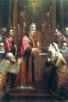 Чудо на мессе свт. Григория Великого. 1587 г. Худож. Пассиньяно (ц. Санта-Либерата в Черрето-Гуиди, Италия)