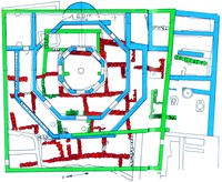 Общий план «священного квартала»: I в. до Р. Х. (красный); IV в. по Р. Х. (зеленый); сер. V в. по Р. Х. (синий)