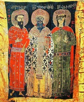Царь Трдат, святые Григорий Просветитель и Рипсимия. Хоругвь. 1441 г. (мон-рь Эчмиадзин, Армения)
