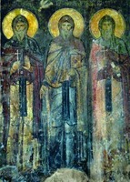 Преподобные Шио Мгвимский, Иоанн Зедазнийский и Евагрий Шиомгвимский. Роспись храма мон-ря Ахтала