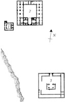 Каср-ибн-Вардан. 561–564 гг. План комплекса: 1. Храм. 2. Дворец. 3. Казармы