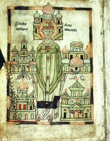 Аннон II, архиеп. Кёльнский, с церквами, к-рые он основал. Миниатюра из «Vita Annonis Minor» (Darmstadt, Hessische Landes-und Hochschulbibliothek. Hs. 945. Fol. 1v). Ок. 1180 г.