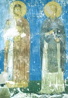 Мученики Кир и Иоанн. Роспись наоса Спа-со-Преображенского собора Мирожского мон-ря в Пскове. Между 1136 и 1156 гг.