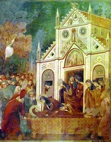 Клариссы перед ц. Сан-Дамиано оплакивают Франциска Ассизского. Роспись верхней ц. Сан-Франческо в Ассизи. 1296-1304 гг. Мастерская Джотто