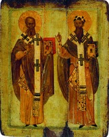 Святители Афанасий и Кирилл Александрийские. Икона. XIV в. (ГЭ)