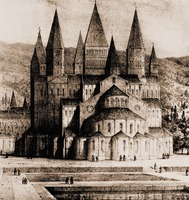 Церковь Клюни III. Литография Э. Саго (из кн.: Lorain P. Essai historique sur l`abbaye de Cluny. Dijon, 1839)