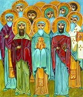 Лука Иерусалимский (1-й слева во 2-м ряду) в соборе груз. Иерусалимских святых. Икона. XXI в.