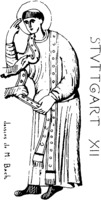 Мученик осеняет себя крестным знамением. Прорись миниатюры из Мартиролога. 1138–1147 гг. (Würtembergische Landes-bibliothek, Stuttgart. Cod. 2415)