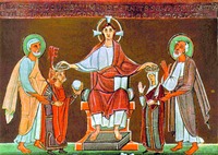 Иисус Христос коронует имп. Генриха II и св. Кунигунду. Миниатюра из Евангелия Генриха II. Ок. 1010 г. (Monac. Clm. 4452. Fol. 2)