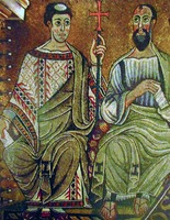 Архидиак. сщмч. Лаврентий и ап. Павел. Мозаика арки в ц. Сан-Клементе в Риме. Ок. 1118 г.