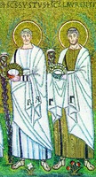 Папа Сикст II и архидиак. Лаврентий. Мозаика «Шествие мучеников» в ц. Сант-Аполлинаре-Нуово в Равенне. 1-я пол. VI в.