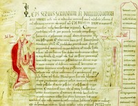 Папа Лев IX и аббат Казаурии. Миниатюра из «Казаурийской хроники» (Paris. Lat. 5411. Fol. 218v)