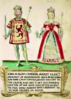 Кор. Малькольм III и католич. св. Маргарита Шотландская. Миниатюра из гербовника Марии Стюарт. 1562 г. (Национальная б-ка Шотландии; Adv. 31. 42. Fol. 5r)