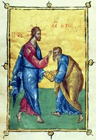 Иисус Христос благословляет ап. Матфея. Миниатюра из Евангелия. 1346 г. (Sinait. gr. 152. Fol. 16v)