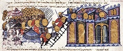 Захват Мелитины визант. войсками в 934 г. Миниатюра из Хроники Иоанна Скилицы. XII в. (Matrit. gr. 2. Fol. 123)
